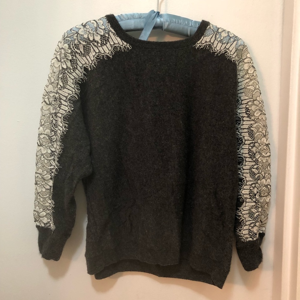 Gray J. crew sweater with white lace sleeves